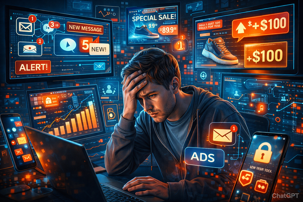 Person sitting at a computer protected by a glowing digital shield, using VPN, ad blocker, private browser, concept of online privacy, futuristic, digital illustration